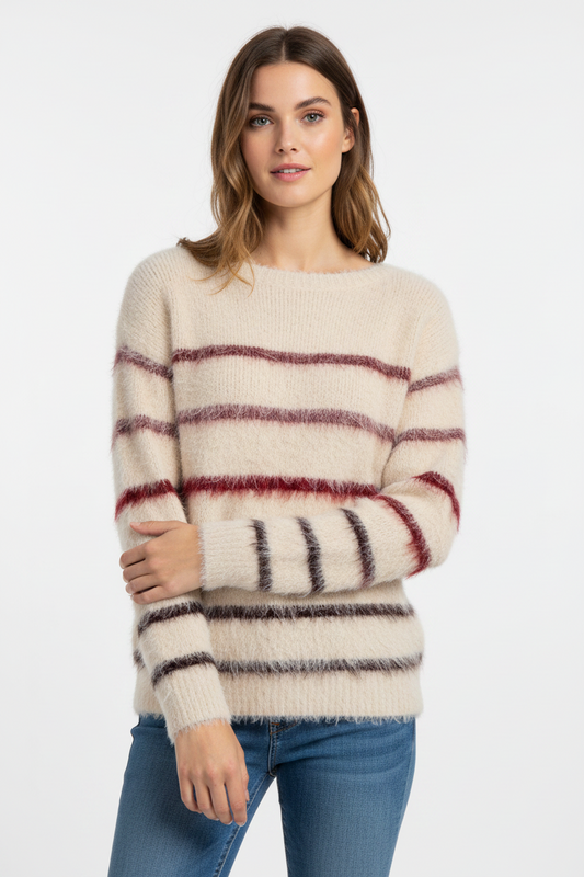 Red Button Fuzzy Stripe Sweater Creme/Burgundy