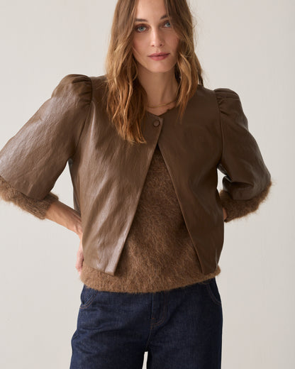 Summum Puff Sleeve Soft Faux Leather Top Sepia Brown
