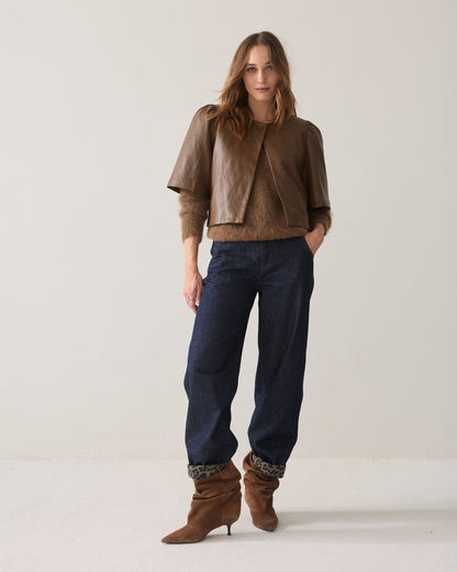 Summum Puff Sleeve Soft Faux Leather Top Sepia Brown
