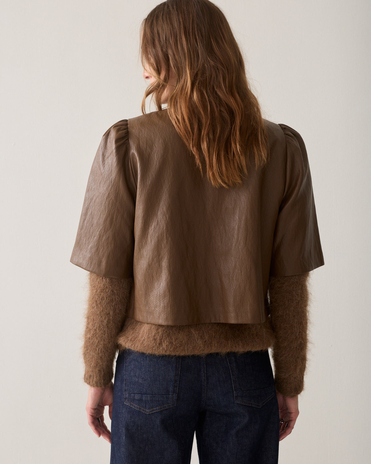 Summum Puff Sleeve Soft Faux Leather Top Sepia Brown