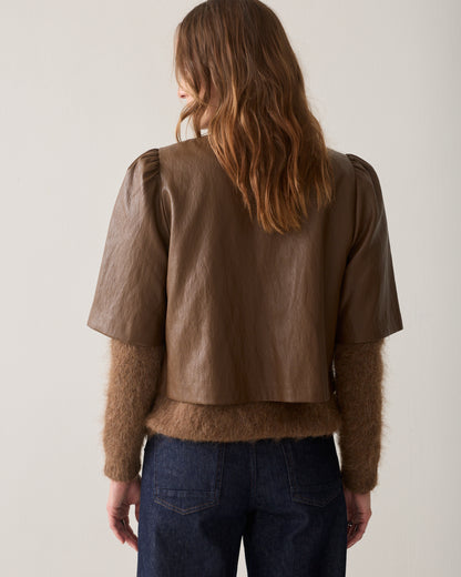 Summum Puff Sleeve Soft Faux Leather Top Sepia Brown