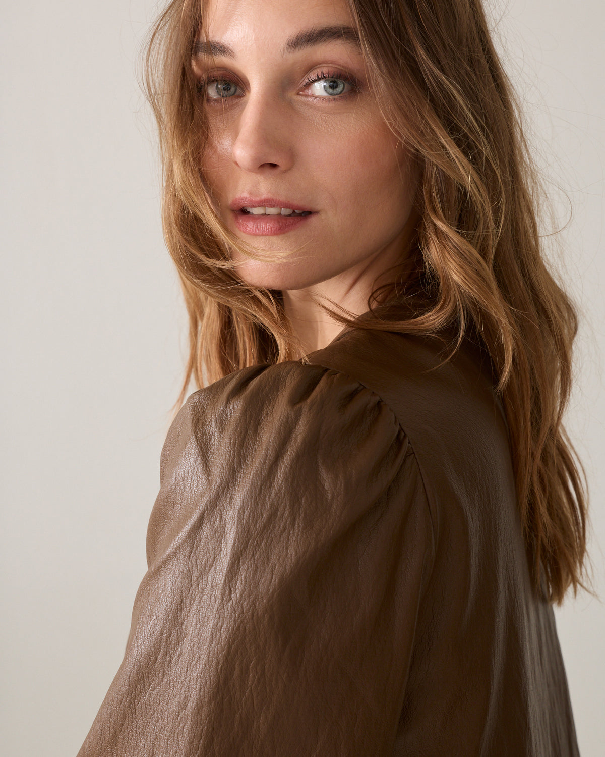 Summum Puff Sleeve Soft Faux Leather Top Sepia Brown