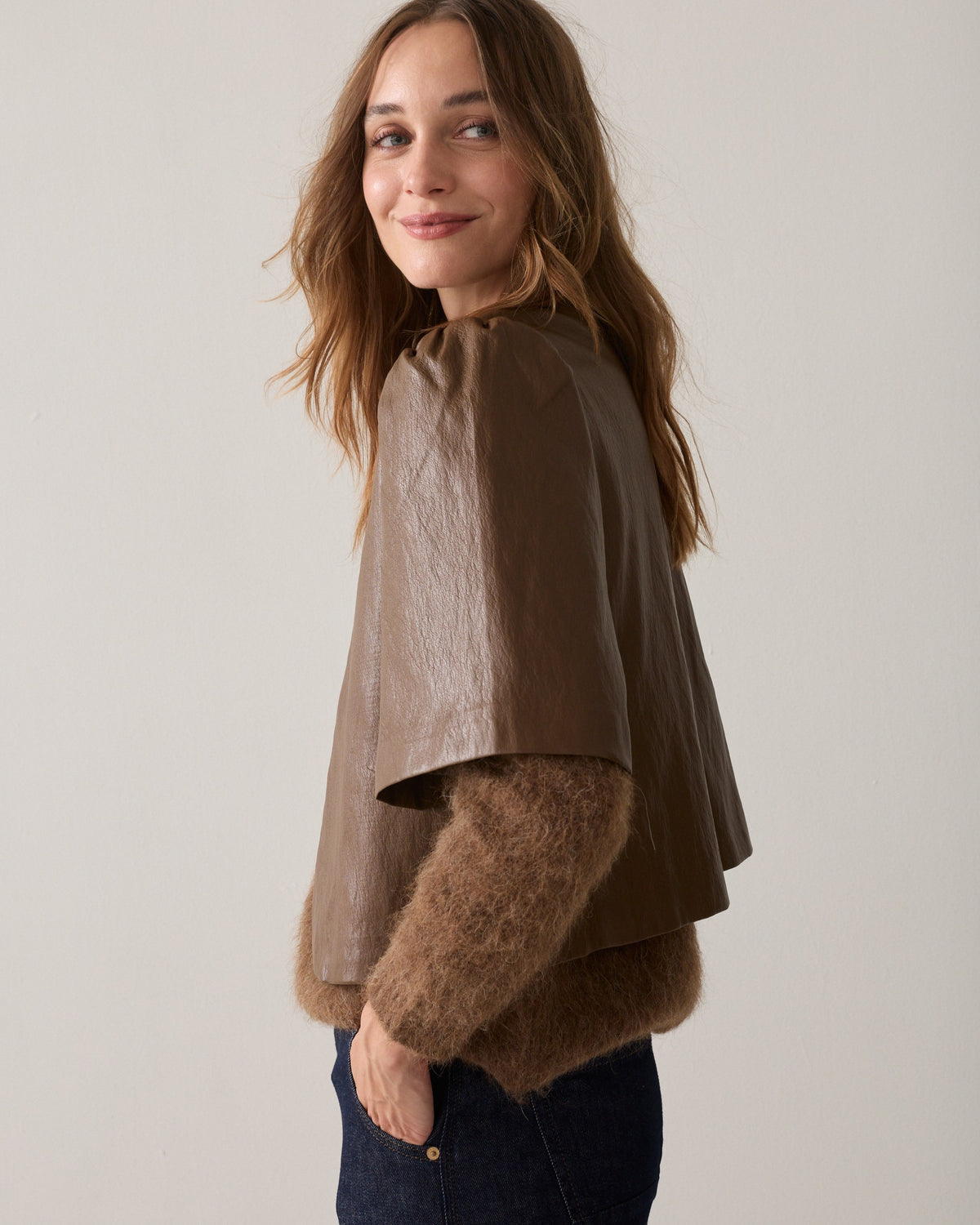 Summum Puff Sleeve Soft Faux Leather Top Sepia Brown