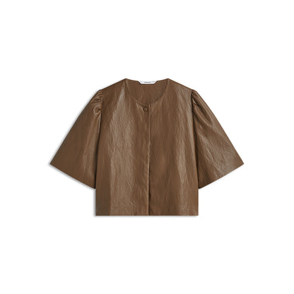 Summum Puff Sleeve Soft Faux Leather Top Sepia Brown