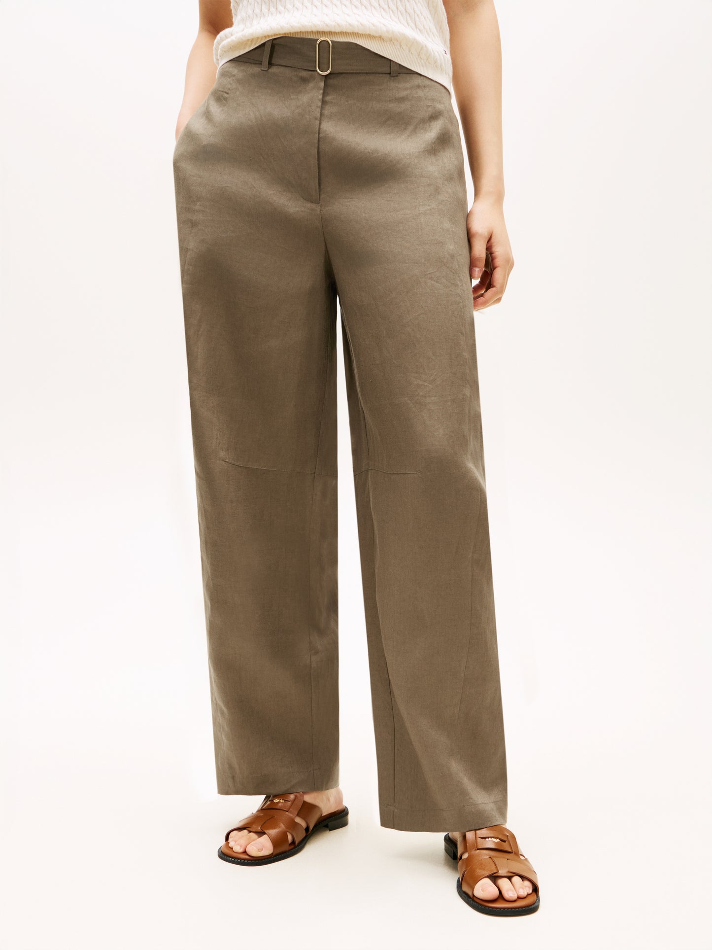 Tommy Hilfiger Linen Barrel Leg Trousers Olive