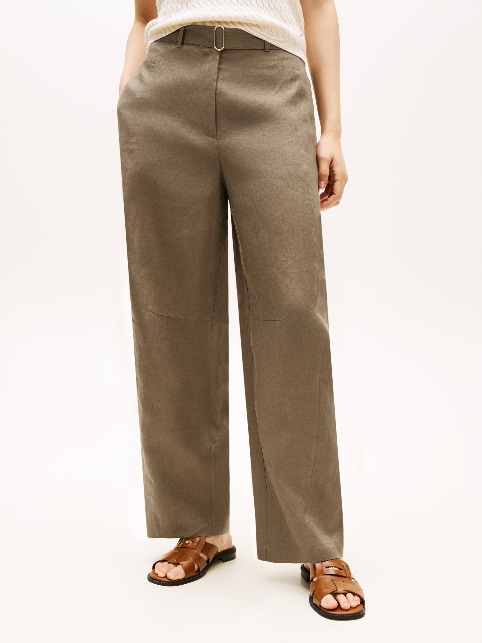 Tommy Hilfiger Linen Barrel Leg Trousers Olive