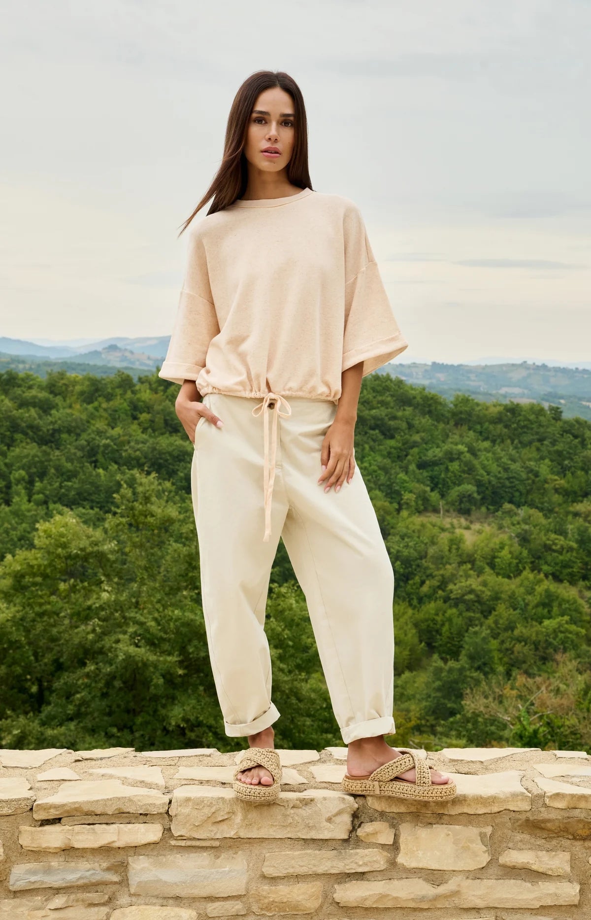 YAYA High Waist Barrel Leg Trousers-Sand