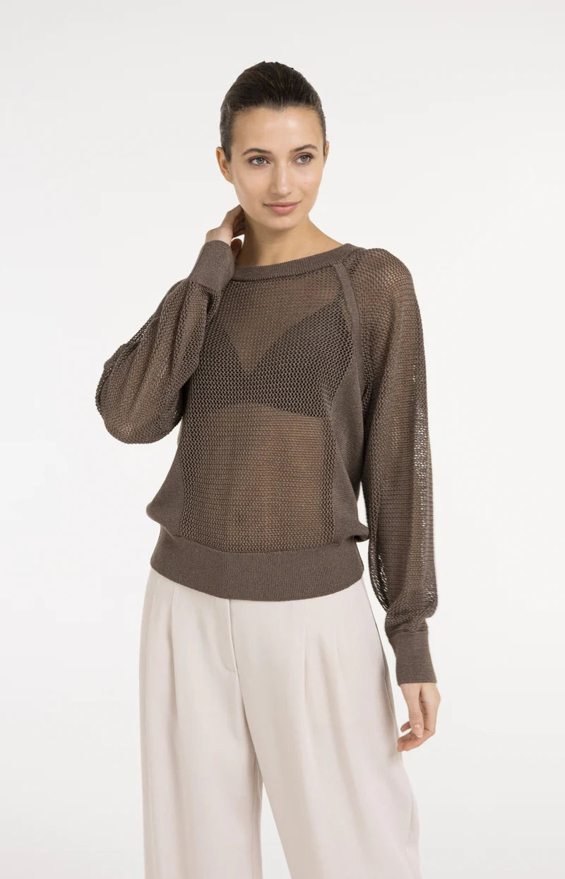 YAYA Mesh-stitch Knitted Sweater-Washed Brown