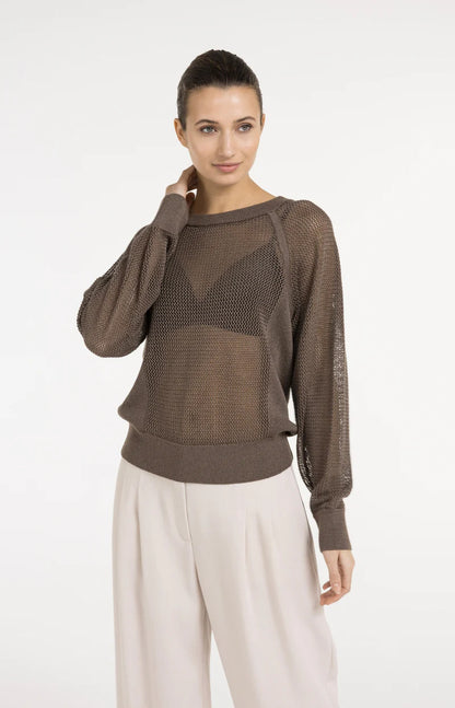 YAYA Mesh-stitch Knitted Sweater-Washed Brown