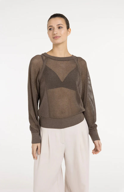 YAYA Mesh-stitch Knitted Sweater-Washed Brown