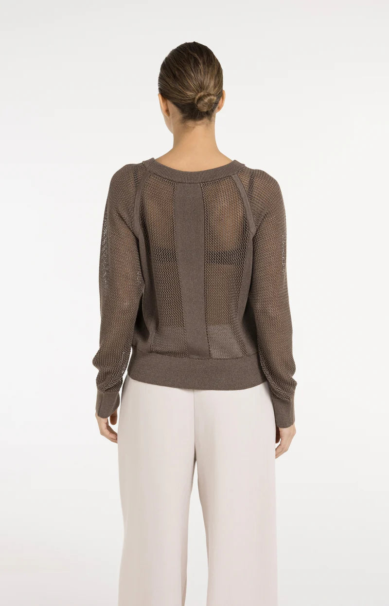 YAYA Mesh-stitch Knitted Sweater-Washed Brown