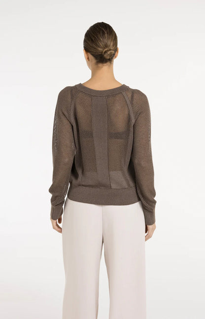 YAYA Mesh-stitch Knitted Sweater-Washed Brown
