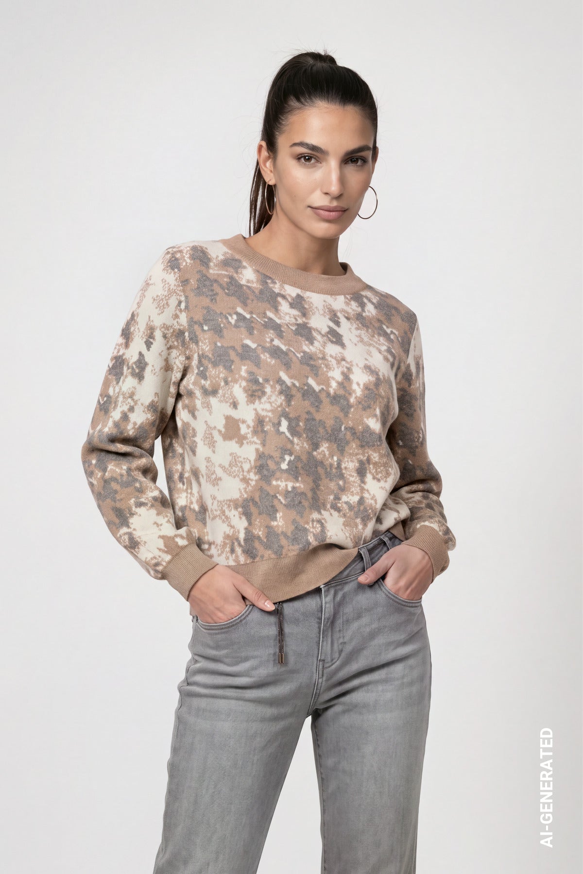 Monari Houndstooth Jacquard Pullover Brown Sugar