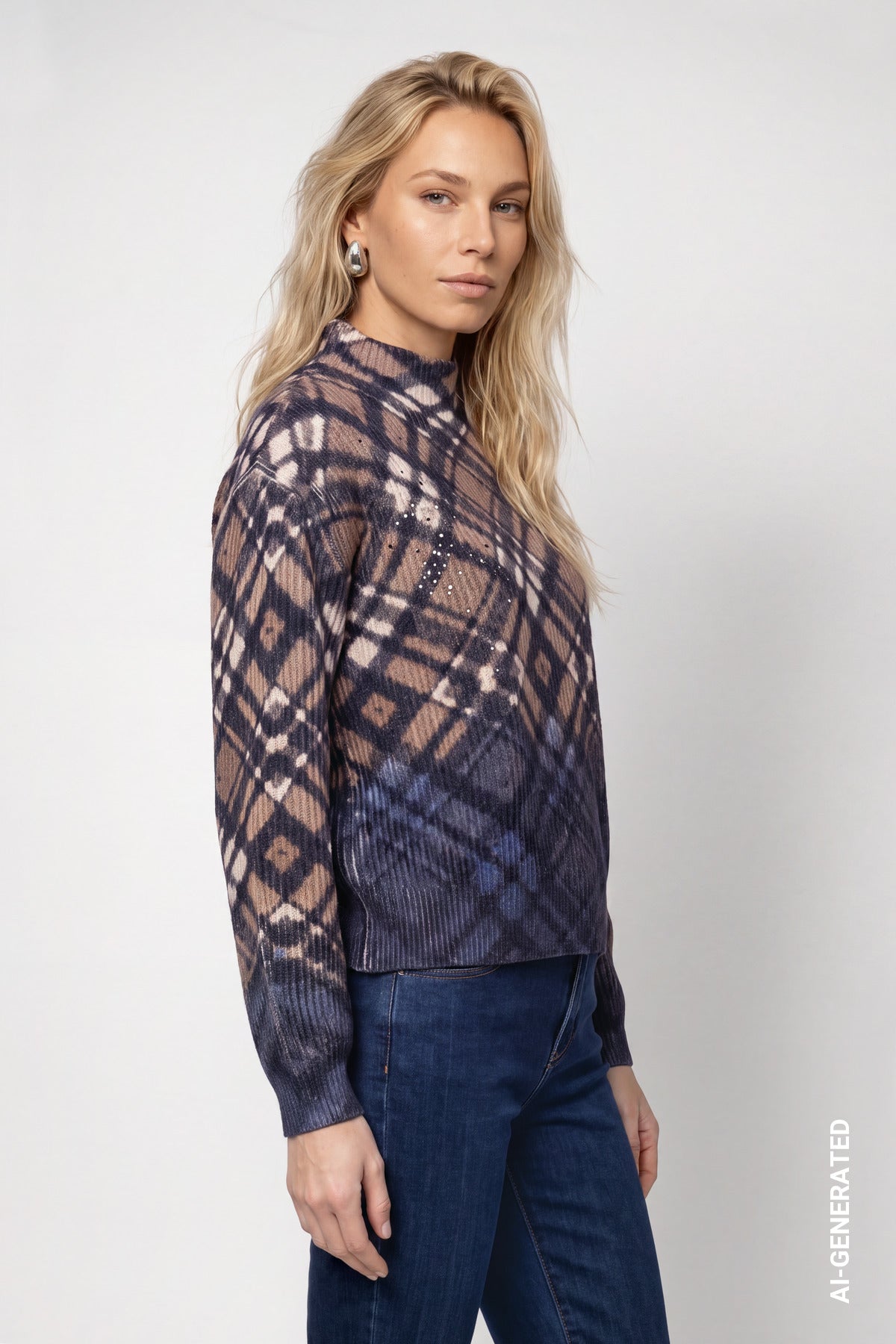 Monari Plaid Dip Dye Pullover Tiramisu