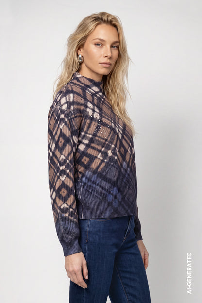 Monari Plaid Dip Dye Pullover Tiramisu
