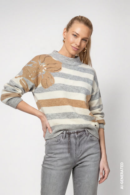 Monari Stripe Floral Pullover Light Grey