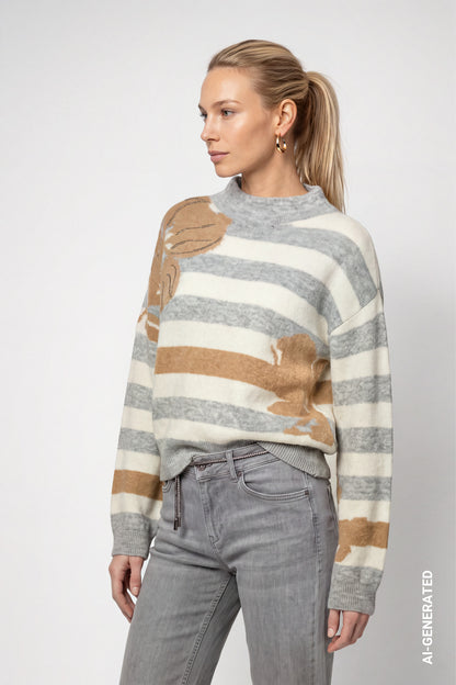 Monari Stripe Floral Pullover Light Grey