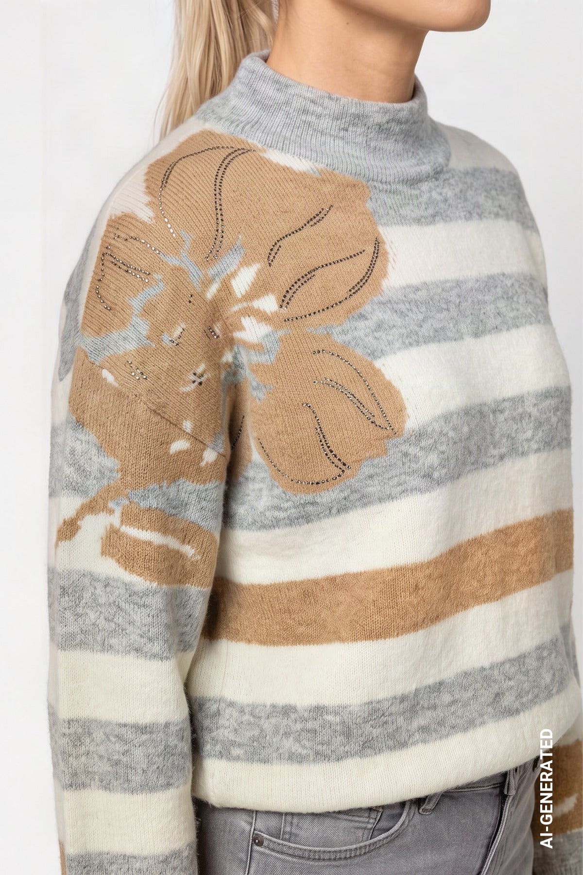 Monari Stripe Floral Pullover Light Grey