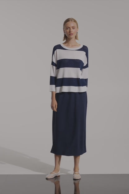 Joseph Ribkoff Stripe Crewneck Sweater Vanilla/Indigo