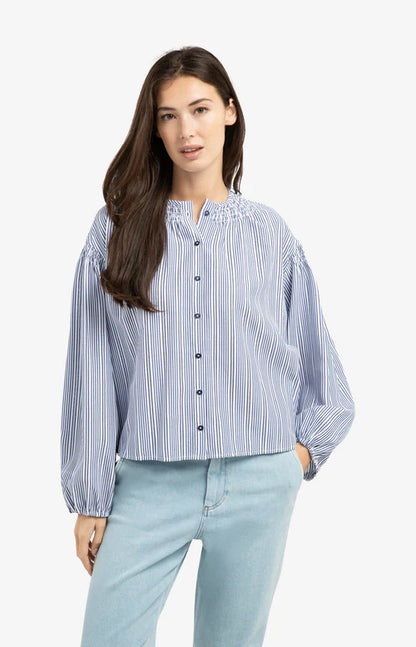 YAYA Shirring Detail Striped Blouse - Navy