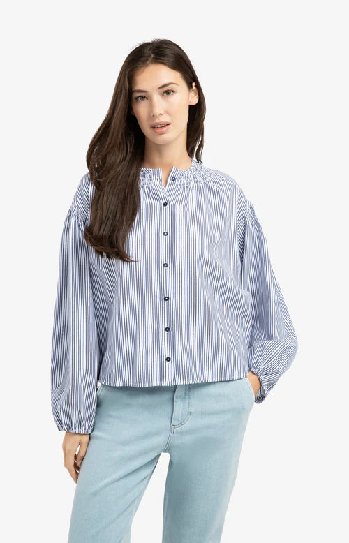 YAYA Shirring Detail Striped Blouse - Navy