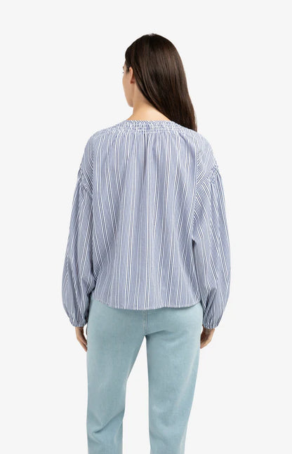 YAYA Shirring Detail Striped Blouse - Navy