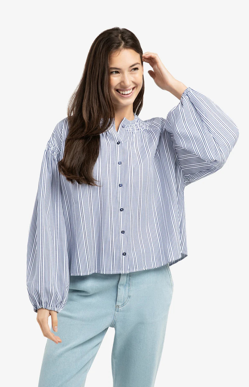 YAYA Shirring Detail Striped Blouse - Navy