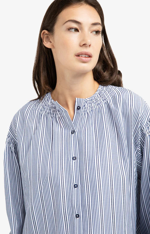 YAYA Shirring Detail Striped Blouse - Navy