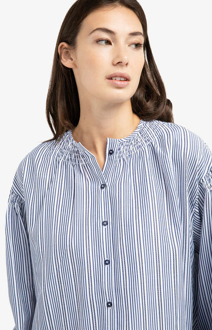YAYA Shirring Detail Striped Blouse - Navy