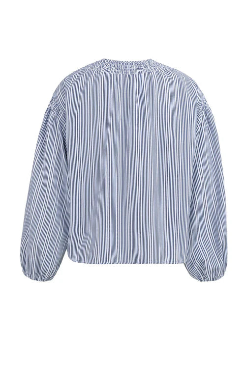 YAYA Shirring Detail Striped Blouse - Navy