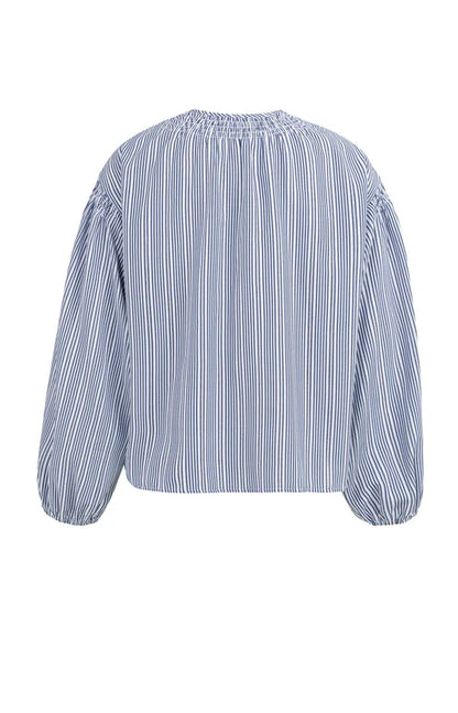 YAYA Shirring Detail Striped Blouse - Navy