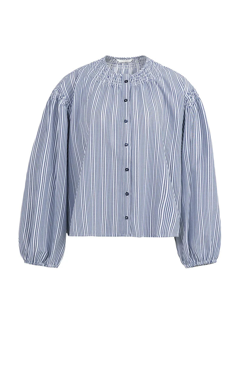YAYA Shirring Detail Striped Blouse - Navy