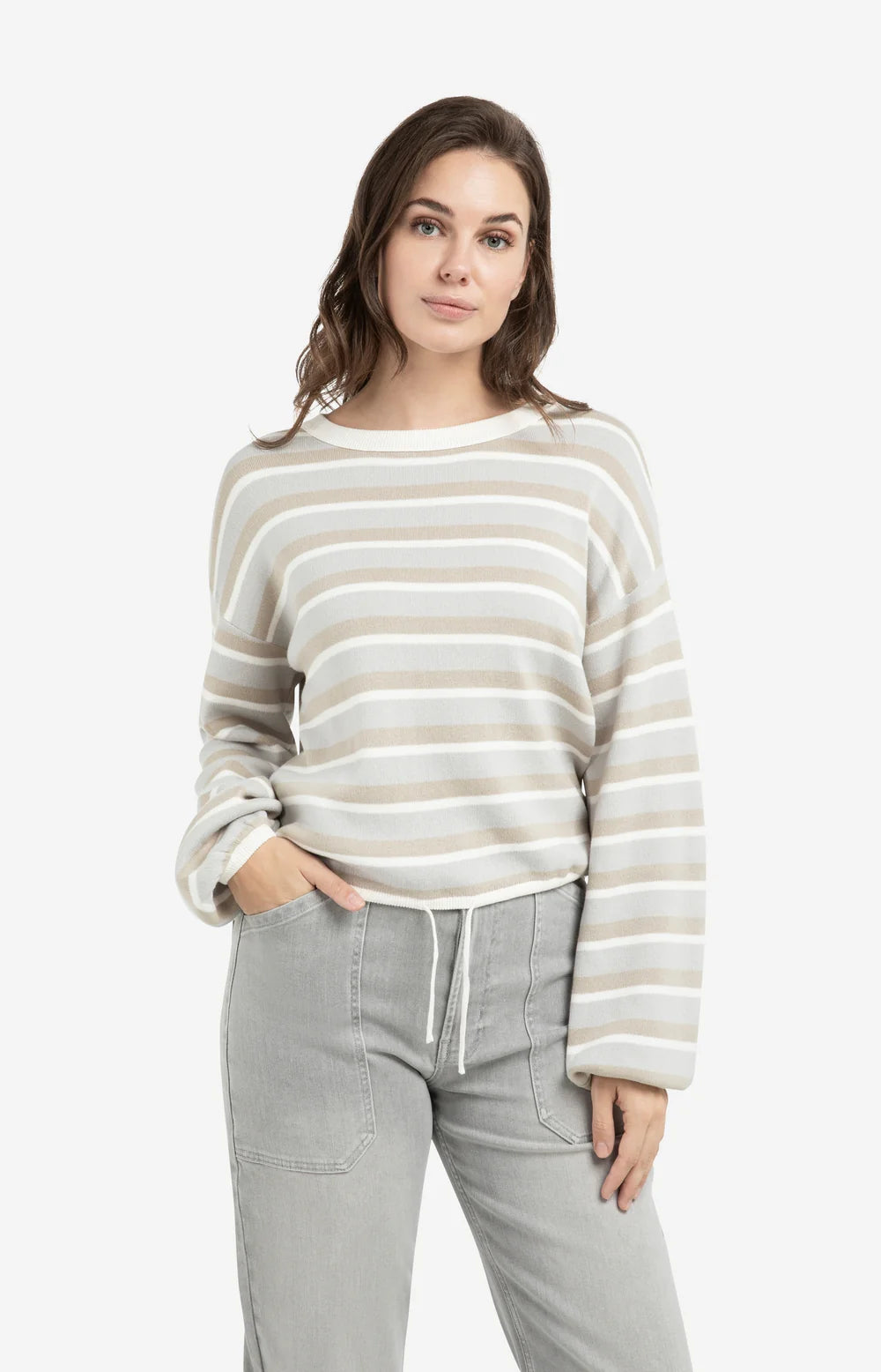 YAYA Striped Sweater with Drawstring Vapour Blue Grey