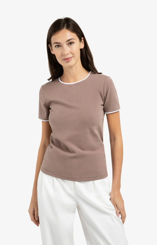 YAYA Contrast Trim T-Shirt Deep Taupe Brown
