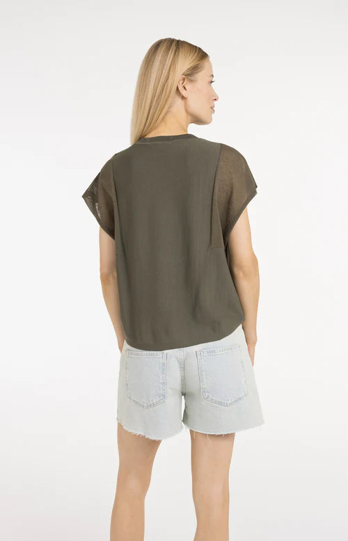 YAYA Sheer Short Sleeve Top Army Green