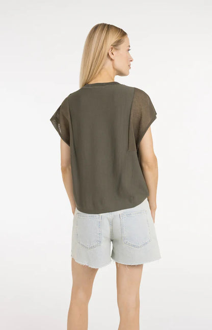 YAYA Sheer Short Sleeve Top Army Green