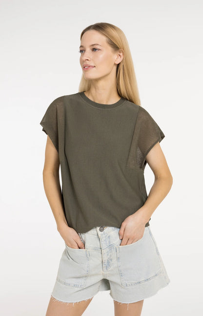 YAYA Sheer Short Sleeve Top Army Green