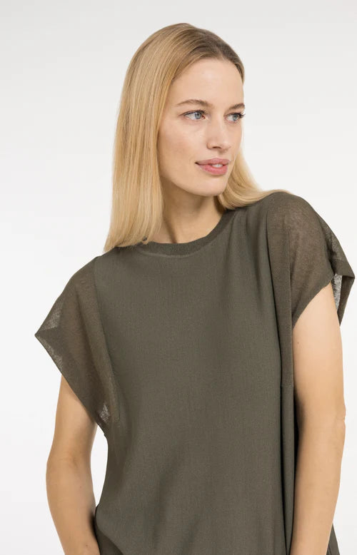 YAYA Sheer Short Sleeve Top Army Green