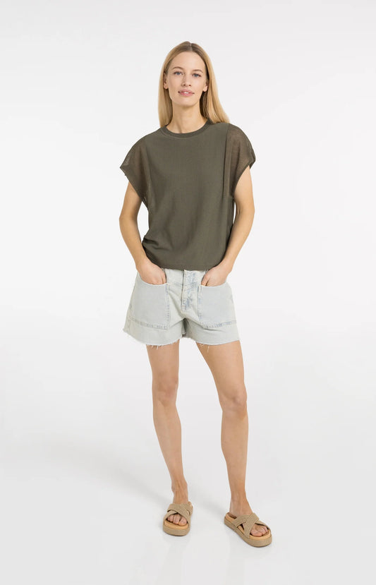 YAYA Sheer Short Sleeve Top Army Green